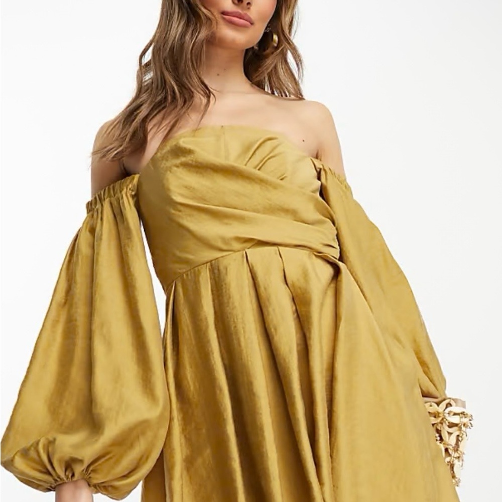 ASOS Gold Off-Shoulder Long Sleeve Cocktail Dress